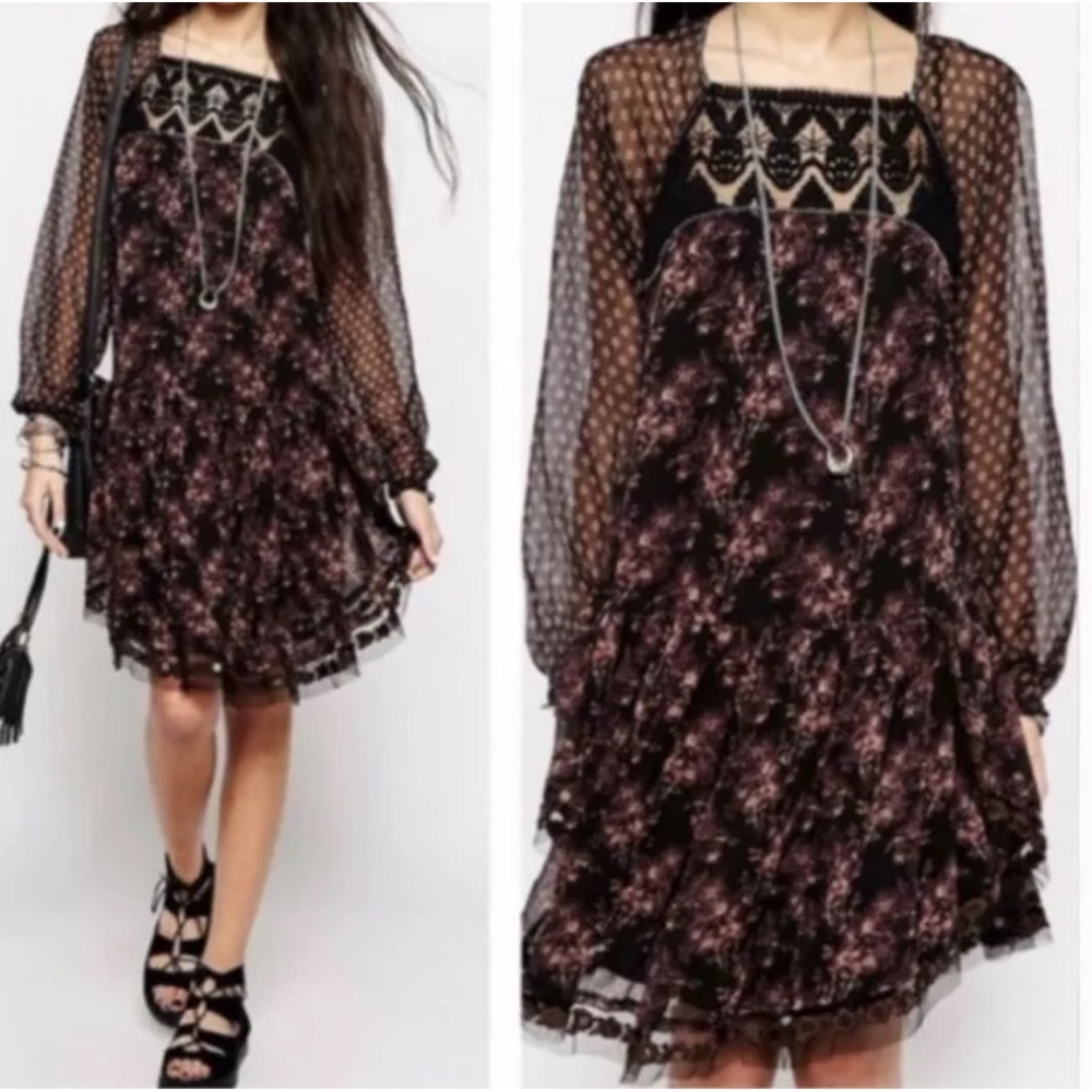 Free People MIDNIGHT GARDEN Black/ Pink Bohemian Long Sleeve Dress Size Small